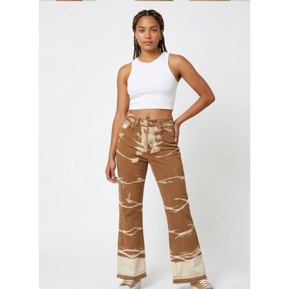 Adika Brown Bleach Splatter Flare Jeans Button Fly Raw Hem Denim S